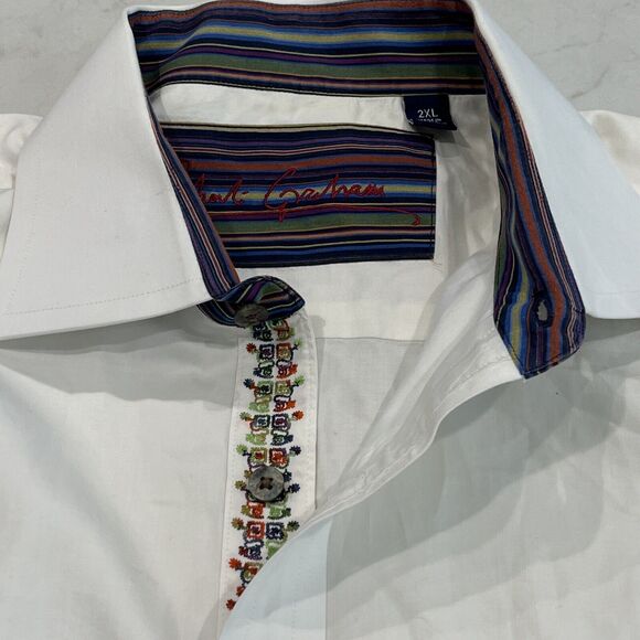 Robert Graham XXL White LS Casual Button Up Shirt Striped Flip Cuff Embroidered - Picture 5 of 12
